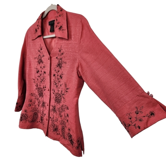 SilkLand 100% Silk Coral Button Down Black Beaded Embroidered Blouse Medium - Picture 2 of 9